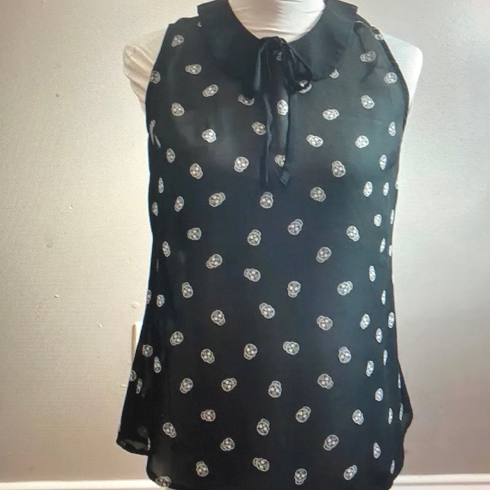Hot Topic Sheer Skeleton Sleeveless Blouse Black And White tie Collar Small